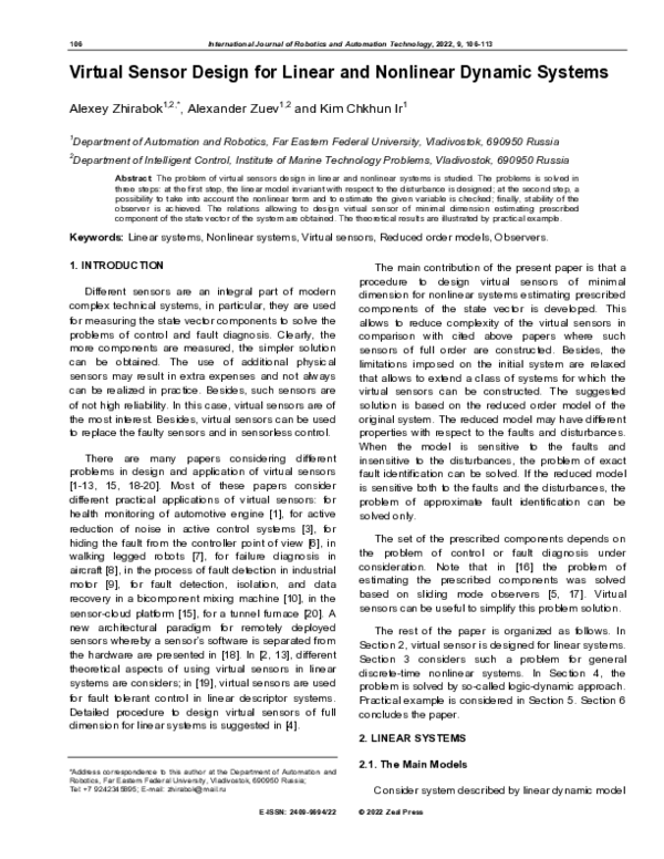 (PDF) Virtual Sensor Design for Linear and Nonlinear Dynamic Systems
