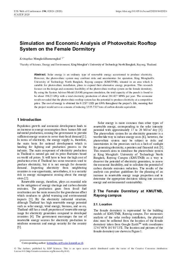 (PDF) Simulation and Economic Analysis of Photovoltaic Rooftop System ...