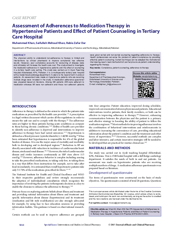(PDF) Assessment of Adherences to Medication Therapy in Hypertensive ...