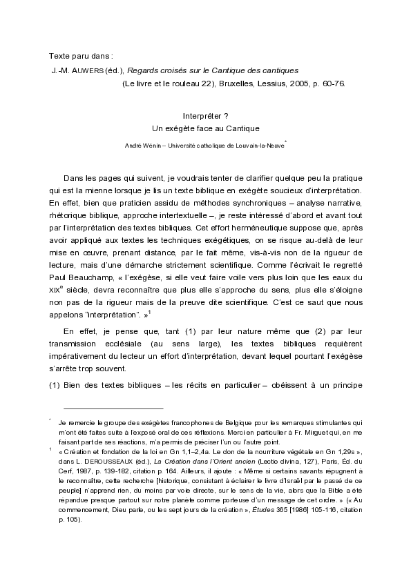(PDF) Interpréter? Un exégète face au Cantique