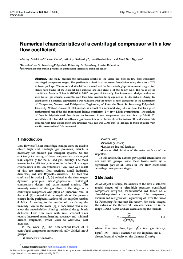 (PDF) Numerical characteristics of a centrifugal compressor with a low