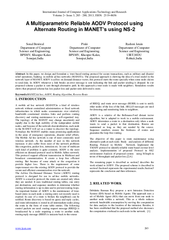 (PDF) A Multiparametric Reliable AODV Protocol using Alternate Routing ...
