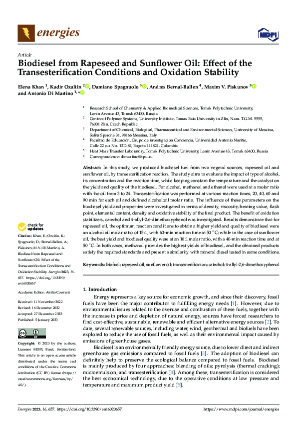 (PDF) Biodiesel from Rapeseed and Sunflower Oil: Effect of the ...