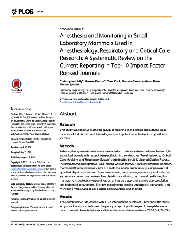 (PDF) Anesthesia and Monitoring in Small Laboratory Mammals Used in Anesthesiology, Respiratory
