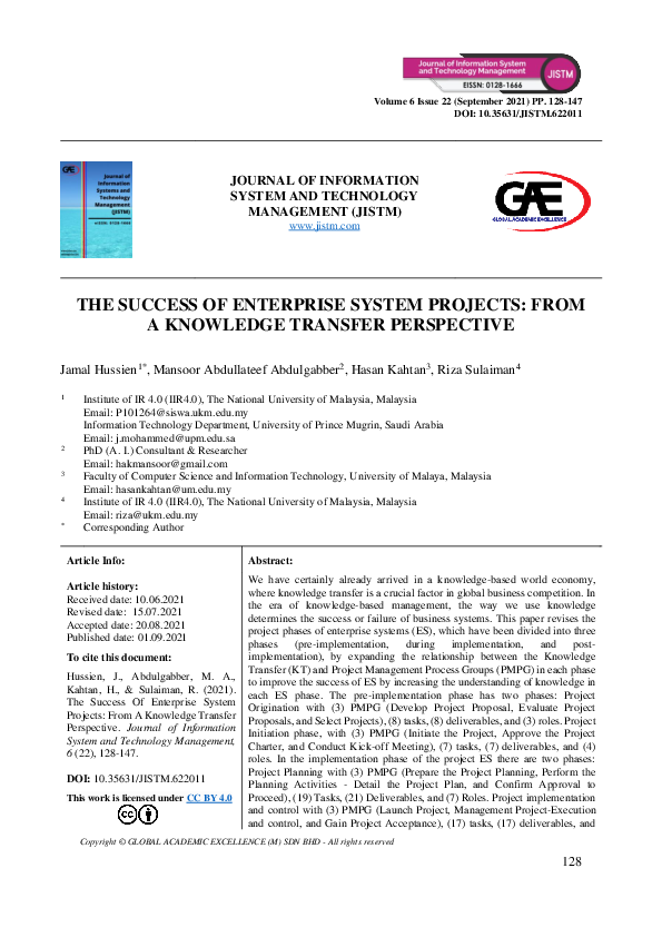 (PDF) The Success of Enterprise System Projects: From a Knowledge ...