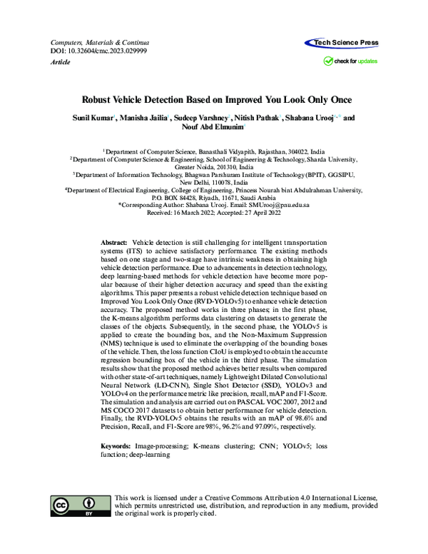 (PDF) Robust Vehicle Detection Based on Improved You Look Only Once