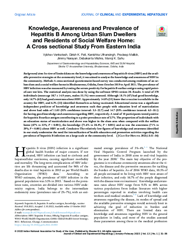 (PDF) Knowledge, Awareness and Prevalence of Hepatitis B Among Urban ...