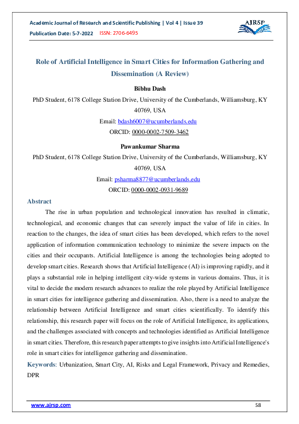 (PDF) Role of Artificial Intelligence in Smart Cities for Information ...