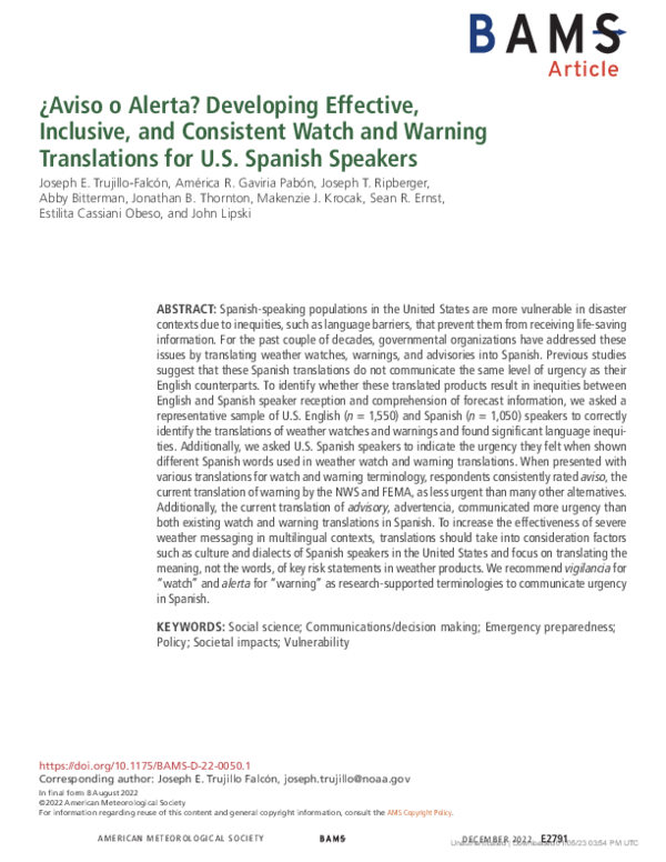 ¿Aviso o Alerta? Developing Effective, Inclusive, and Consistent Watch and Warning Translations for U.S. Spanish Speakers