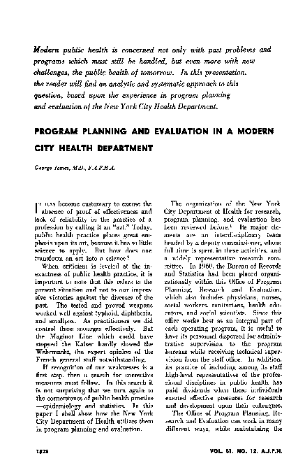 (PDF) Program Planning and Evaluation in a Modern City Health Department