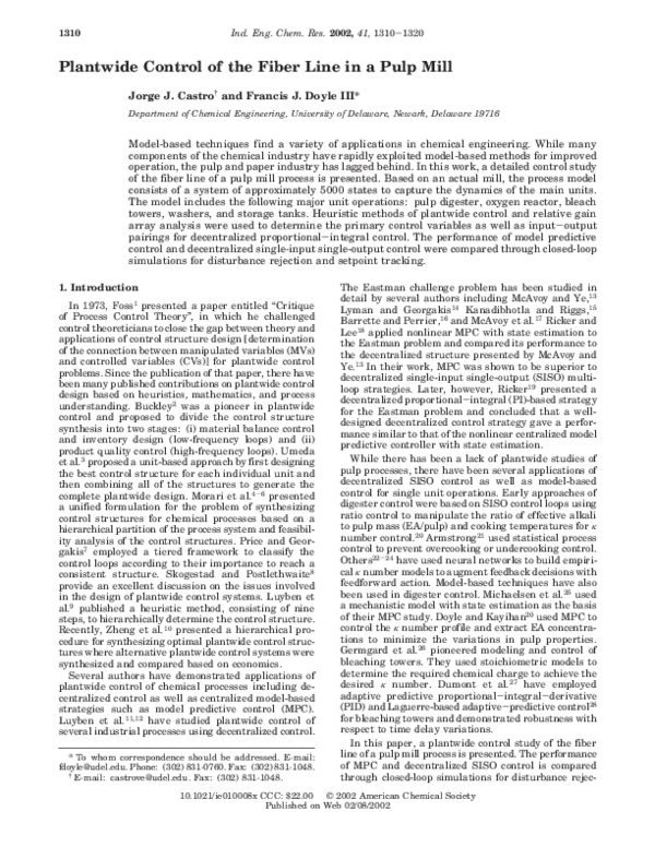 (PDF) Plantwide Control of the Fiber Line in a Pulp Mill
