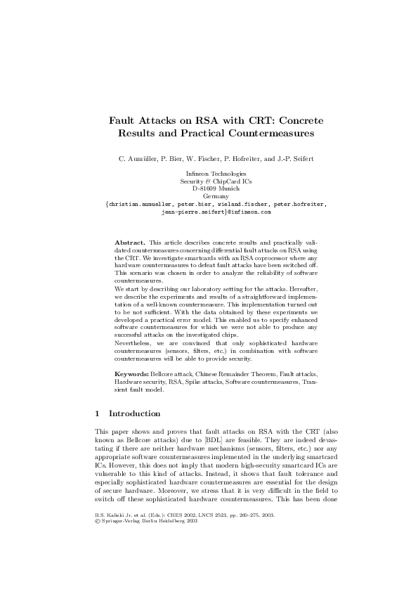 (PDF) Fault Attacks on RSA with CRT: Concrete Results and Practical ...