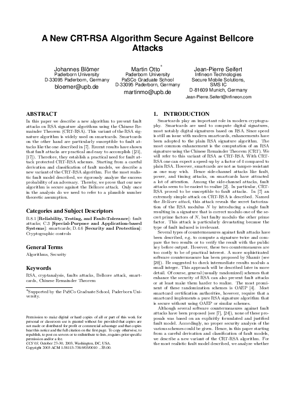 (PDF) A new CRT-RSA algorithm secure against bellcore attacks