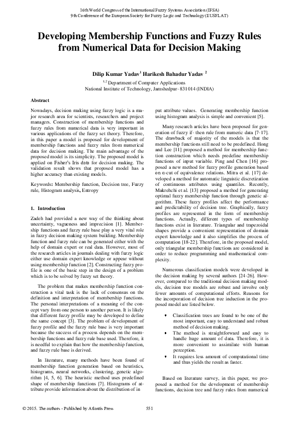 (PDF) Developing Membership Functions and Fuzzy Rules from Numerical ...