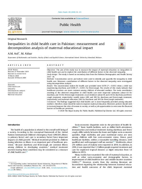 (PDF) Inequalities in child health care in Pakistan: measurement and ...
