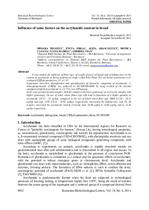 (PDF) Influence of some factors on the acrylamide content in bread