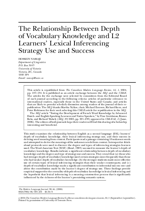 (PDF) The Relationship between Depth of Vocabulary Knowledge and L2 ...