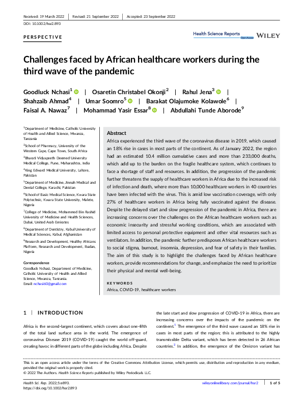 (PDF) Challenges faced by African healthcare workers during the third ...