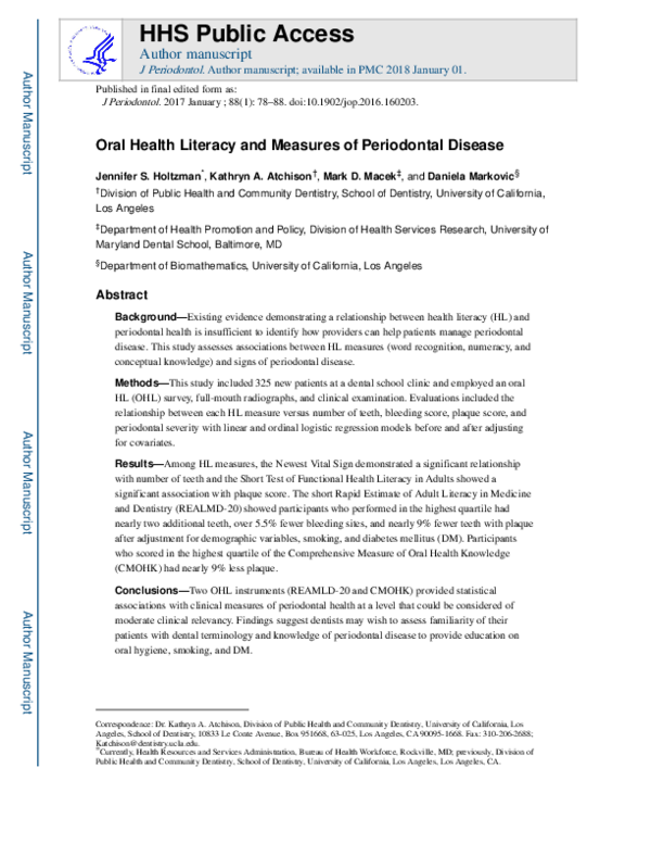 (PDF) Oral Health Literacy and Measures of Periodontal Disease ...