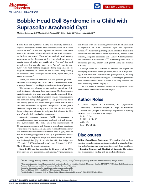 (PDF) BobbleHead Doll Syndrome in a Child with Suprasellar Arachnoid