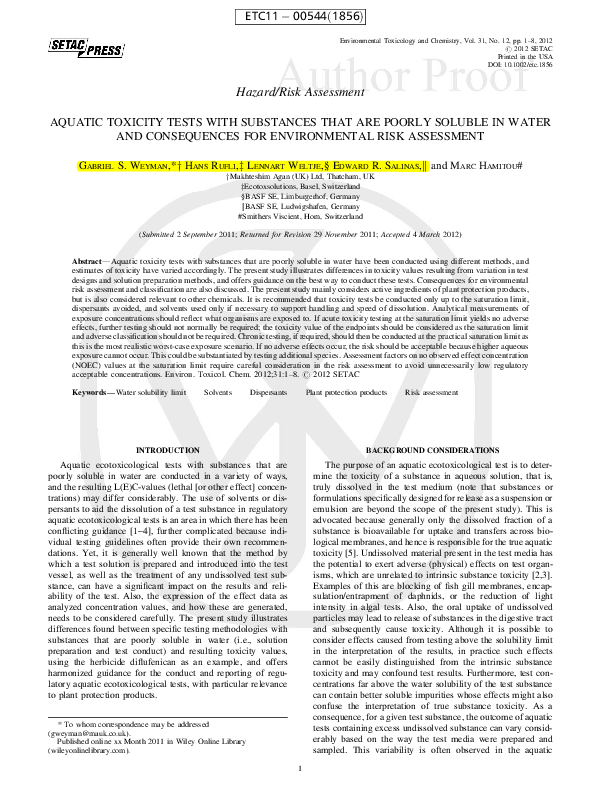 (PDF) Aquatic toxicity tests with substances that are poorly soluble in ...
