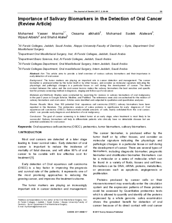 (PDF) Importance of Salivary Biomarkers in the Detection of Oral Cancer ...
