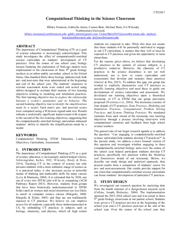 (PDF) Computational thinking in science classroom