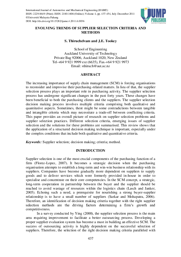 (PDF) Evolving Trends of Supplier Selection Criteria and Methods