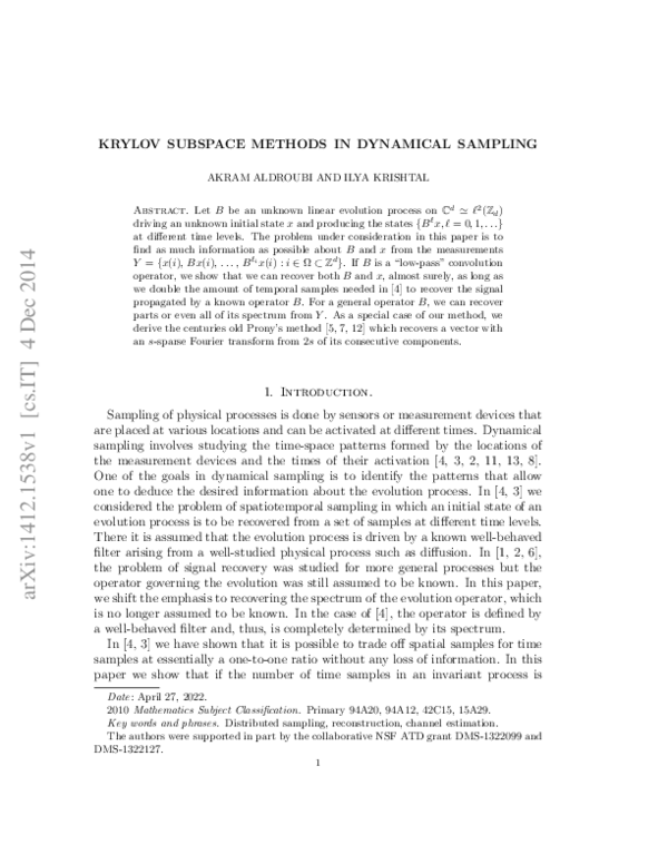 (PDF) Krylov Subspace Methods in Dynamical Sampling