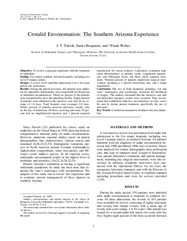 (PDF) Crotalid Envenomation: The Southern Arizona Experience