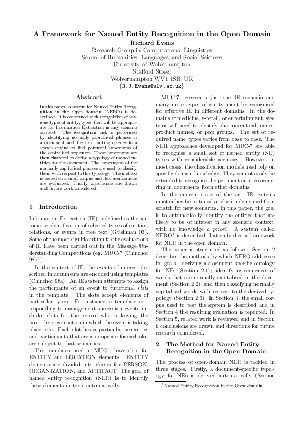 (PDF) A framework for named entity recognition in the open domain