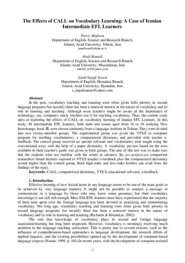 (PDF) The effects of CALL on vocabulary learning: A case of Iranian ...