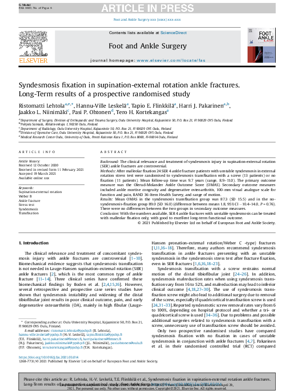 (PDF) Syndesmosis fixation in supination-external rotation ankle ...