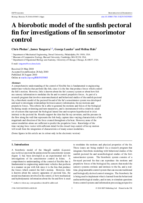 (PDF) A biorobotic model of the sunfish pectoral fin for investigations ...