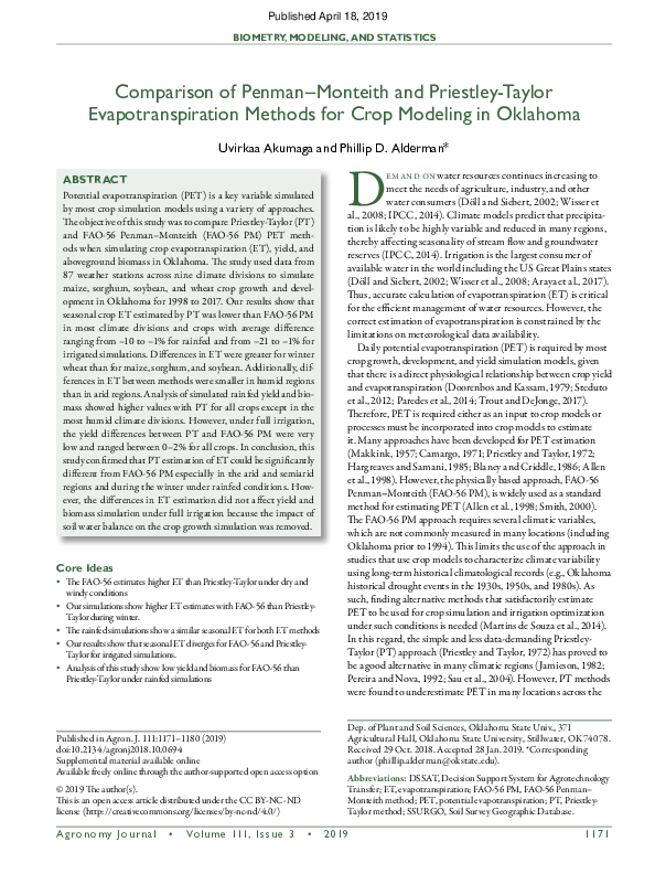 (PDF) Comparison of Penman–Monteith and Priestley‐Taylor ...