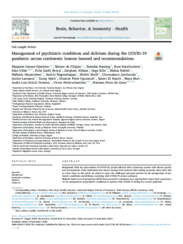 (PDF) Management of psychiatric conditions and delirium during the ...