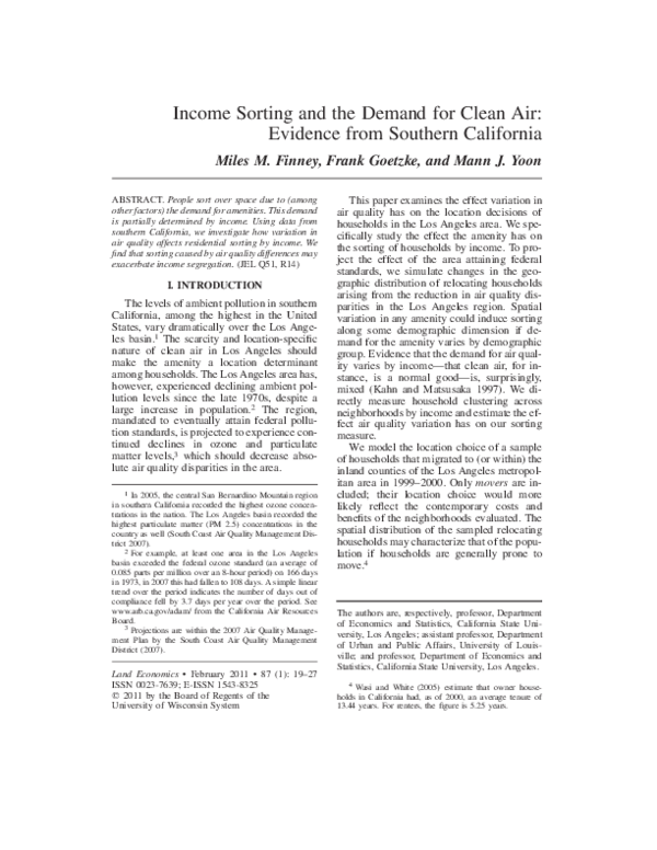 (PDF) Income Sorting and the Demand for Clean Air: Evidence from ...