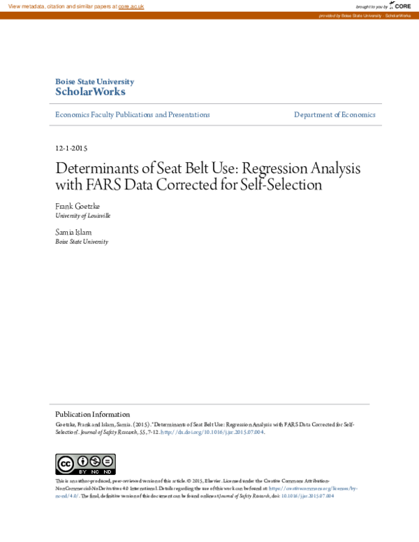 (PDF) Determinants of seat belt use: A regression analysis with FARS ...