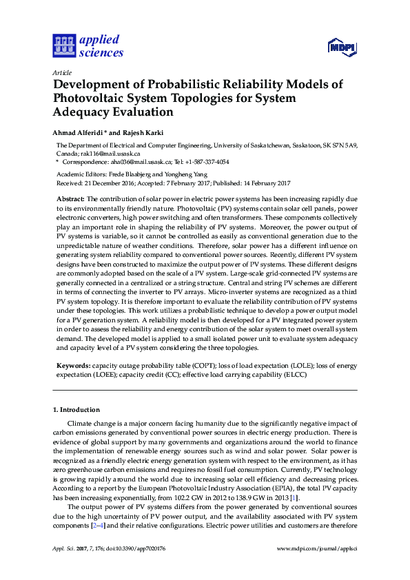 (PDF) Development of Probabilistic Reliability Models of Photovoltaic ...