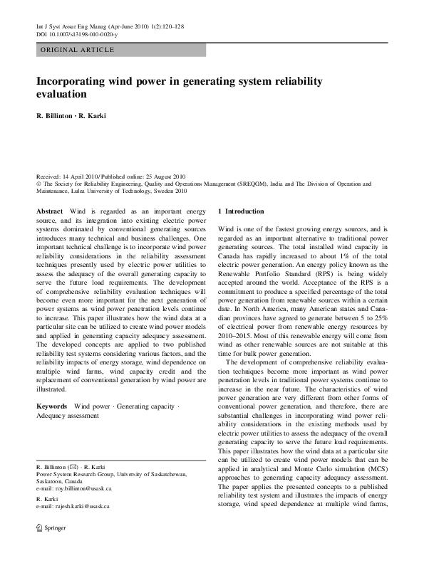 (PDF) Incorporating wind power in generating system reliability evaluation