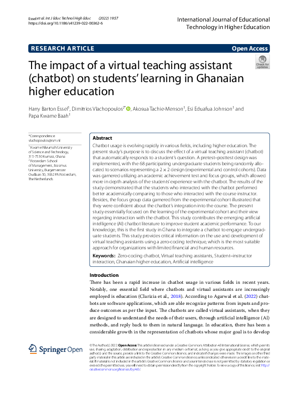 (PDF) The impact of a virtual teaching assistant (chatbot) on students ...
