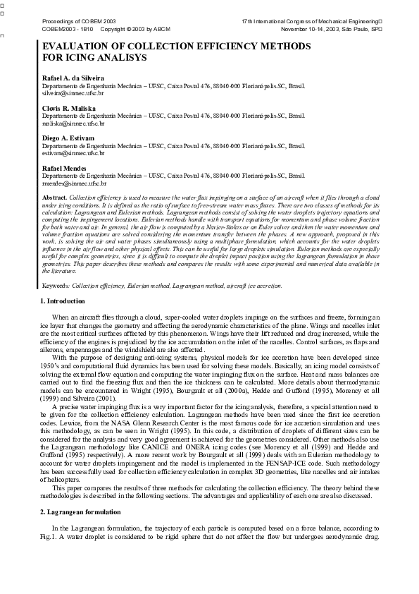 (PDF) Evaluation of Collection Efficiency Methods for Icing Analysis