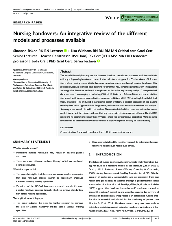 (PDF) Nursing handovers: An integrative review of the different models ...