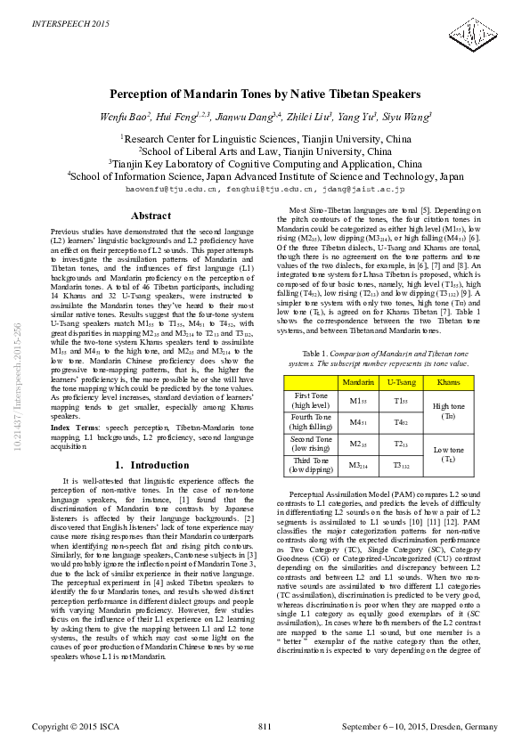 (PDF) Perception of Mandarin tones by native tibetan speakers