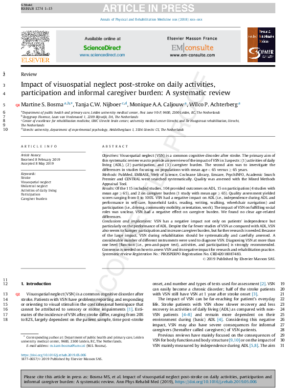 (PDF) Impact of visuospatial neglect post-stroke on daily activities ...