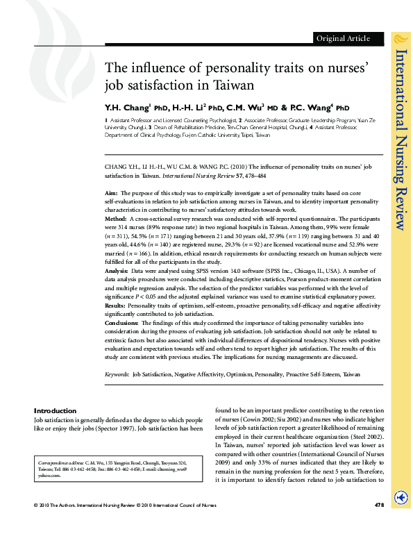 (PDF) The influence of personality traits on nurses' job satisfaction ...