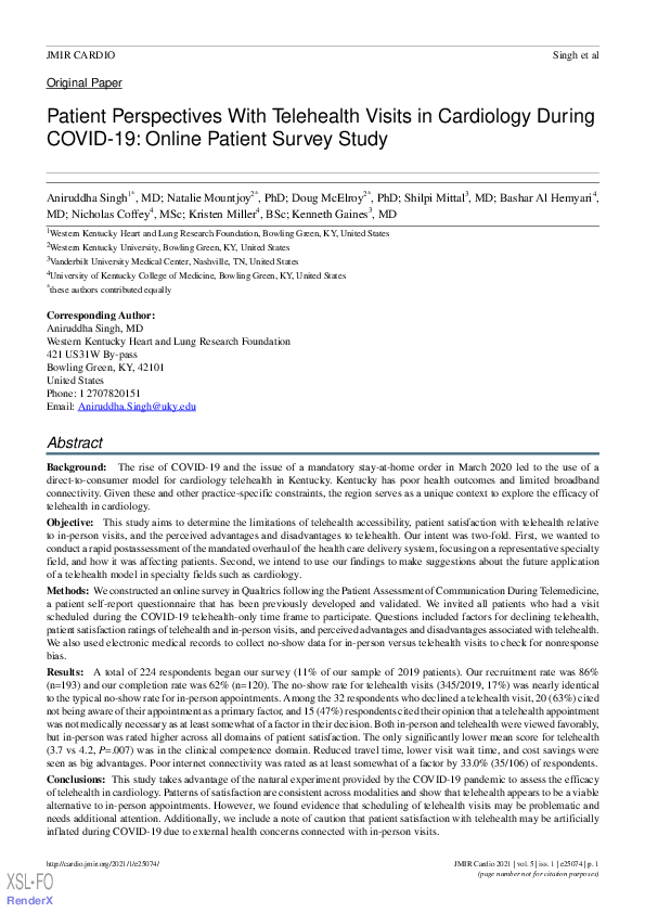 (PDF) Patient Perspectives With Telehealth Visits in Cardiology During ...