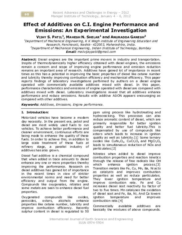 (PDF) Effect of Additives on C.I. Engine Performance and Emissions: An ...
