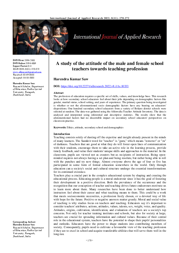(PDF) A study of the attitude of the male and female school teachers ...