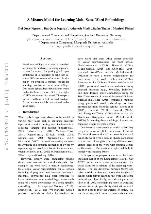 (PDF) A Mixture Model for Learning Multi-Sense Word Embeddings